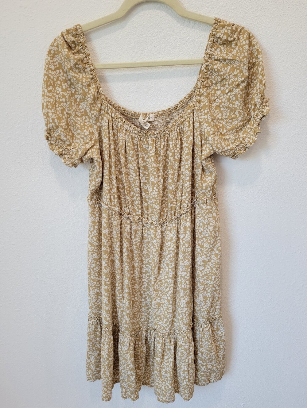 Rewind Womens XL Floral Puff Sleeve Tiered Mini Dress Yellow White Summer